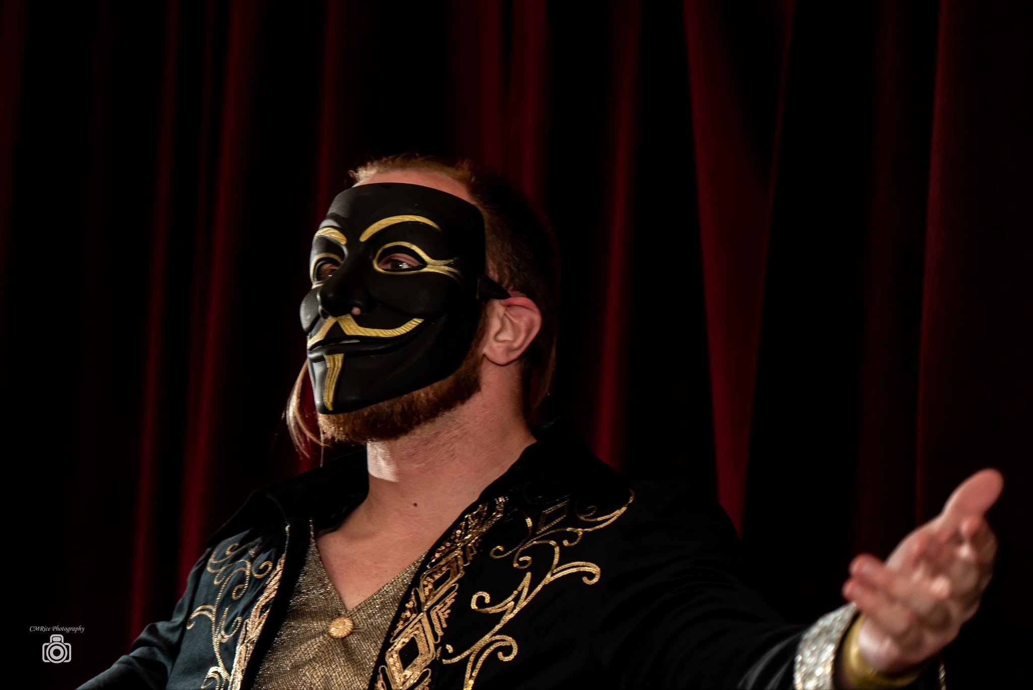 Nicky Hyde in his black and gold mask at Vendetta at the Opera House